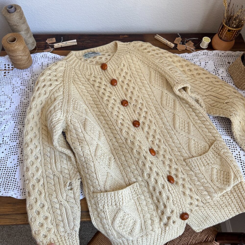 Vintage Cream Made in Ireland Irish Fisherman Knit Cardigan Sweater (XS-M) - Picture 3 of 5